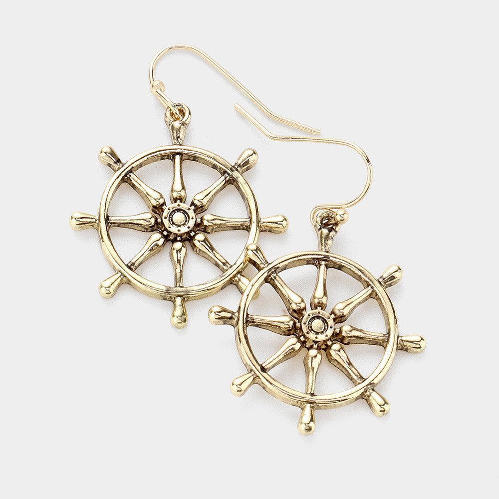 Gold Antique Metal Ship Wheel Dangle Earrings - Jewelry Store by Erik Rayo