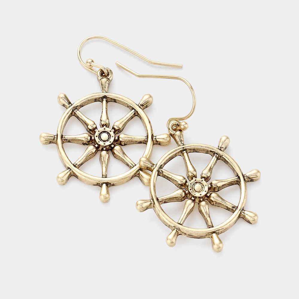 Gold Antique Metal Ship Wheel Dangle Earrings - Jewelry Store by Erik Rayo