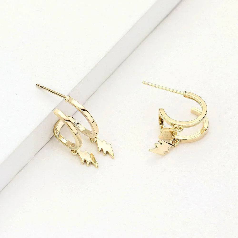 Gold Huggie Hoop Metal Lightning Bolt Dangle Earrings - Jewelry Store by Erik Rayo