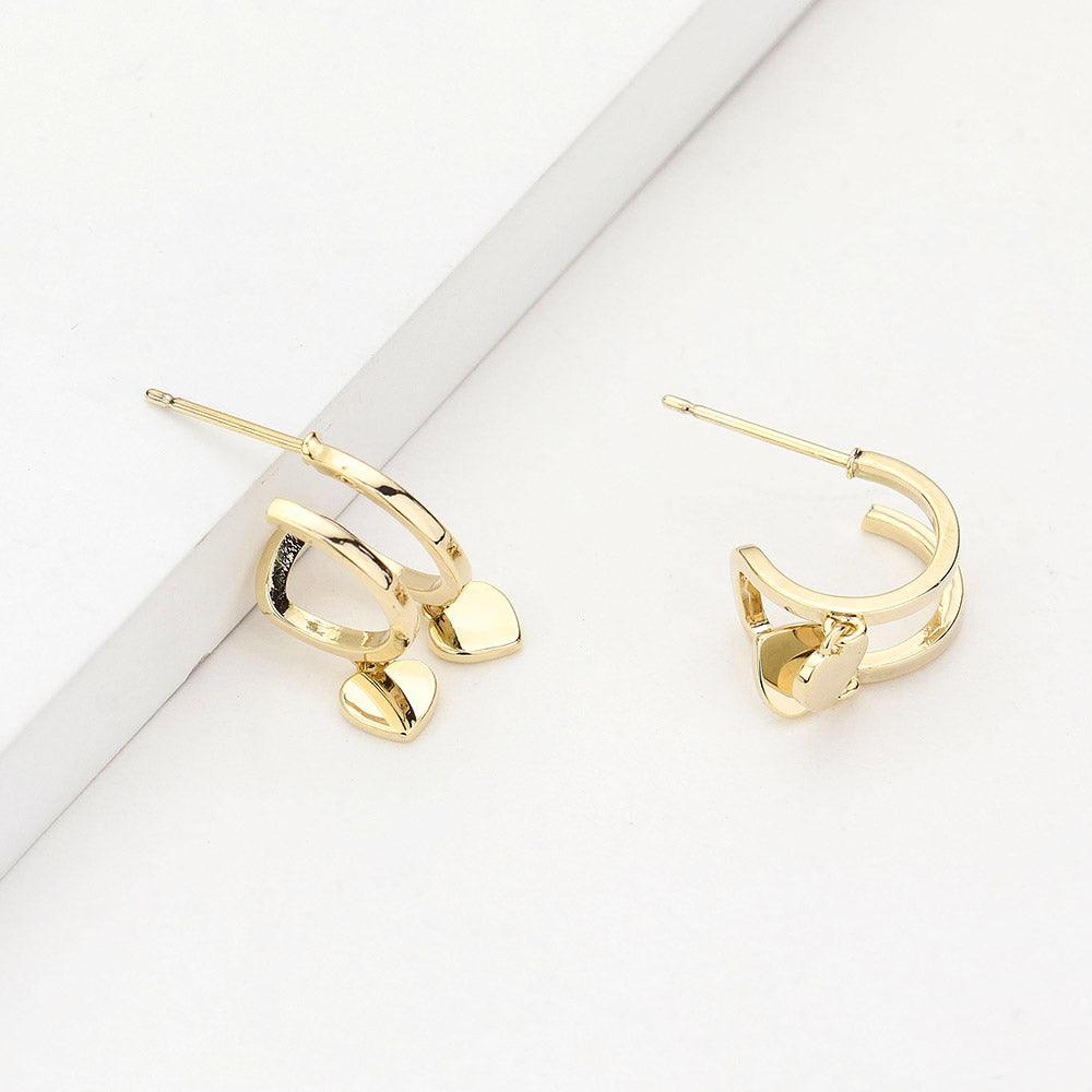 Gold Huggie Hoop Metal Heart Dangle Earrings