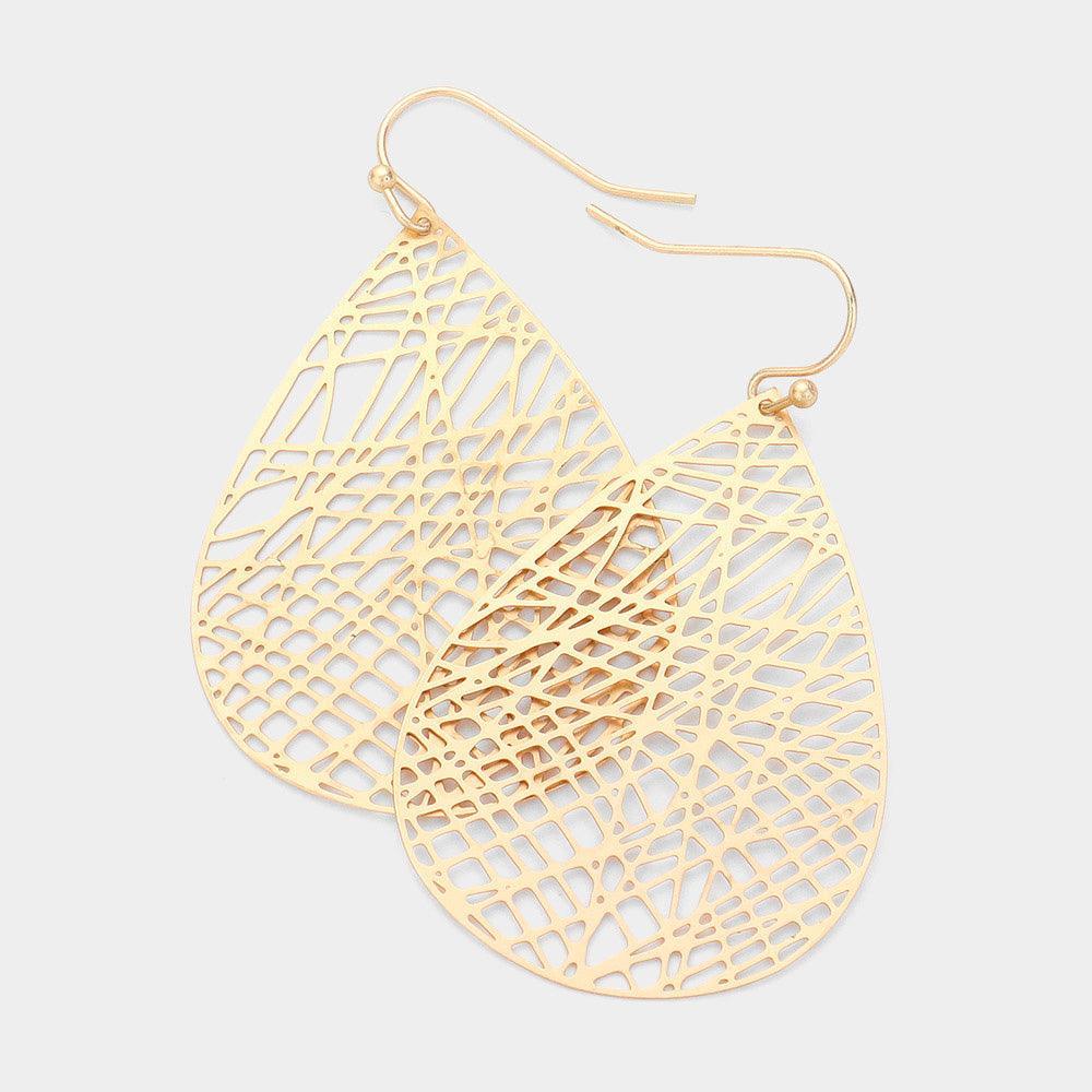 Gold Brass Metal Textured Teardrop Metal Earrings