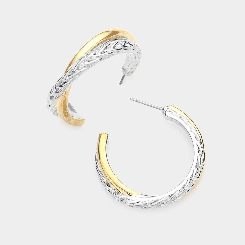 Two Tone Crisscross Metal Hoop Earrings