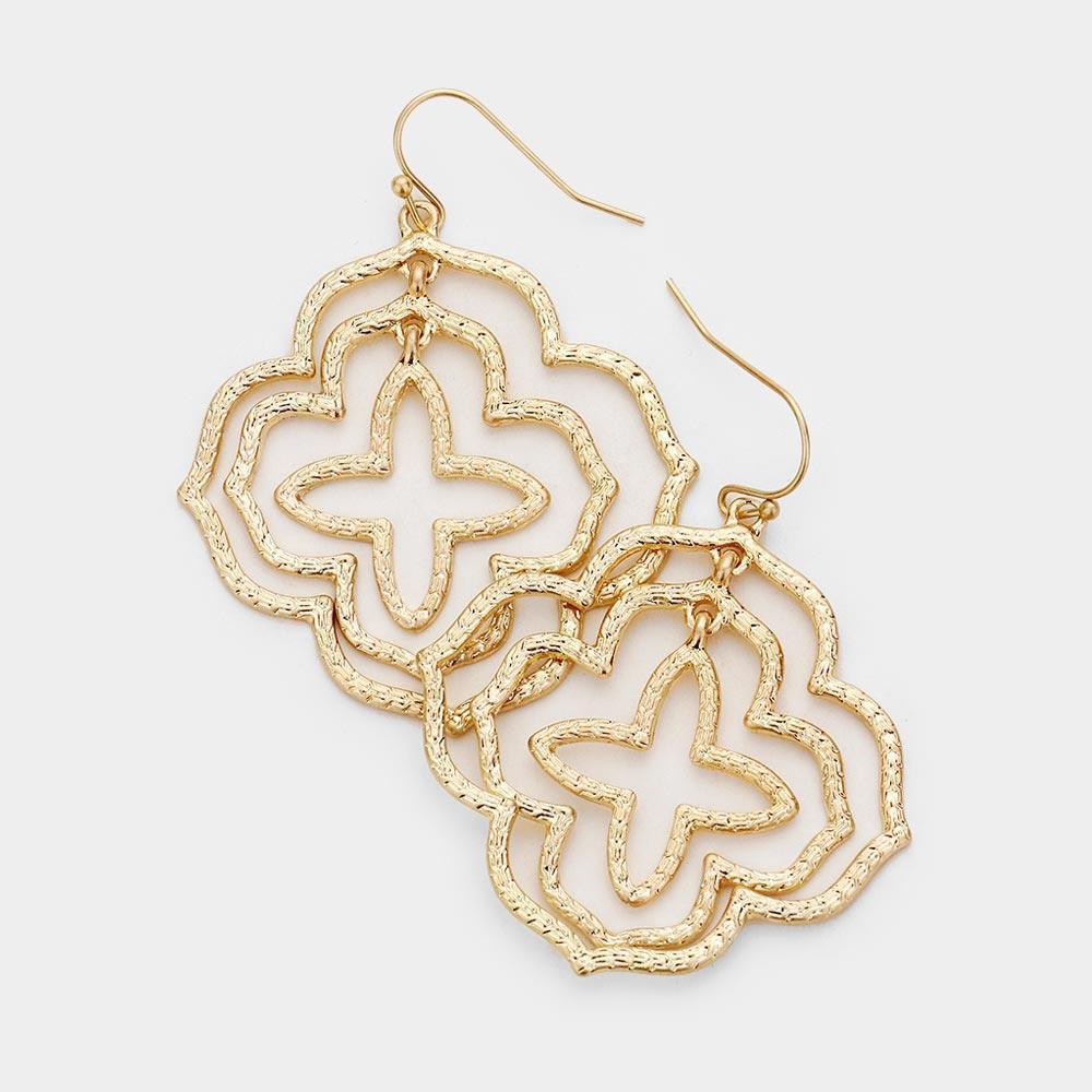 Gold Embossed Cut Out Metal Quatrefoil Dangle Earrings - Jewelry Store by Erik Rayo