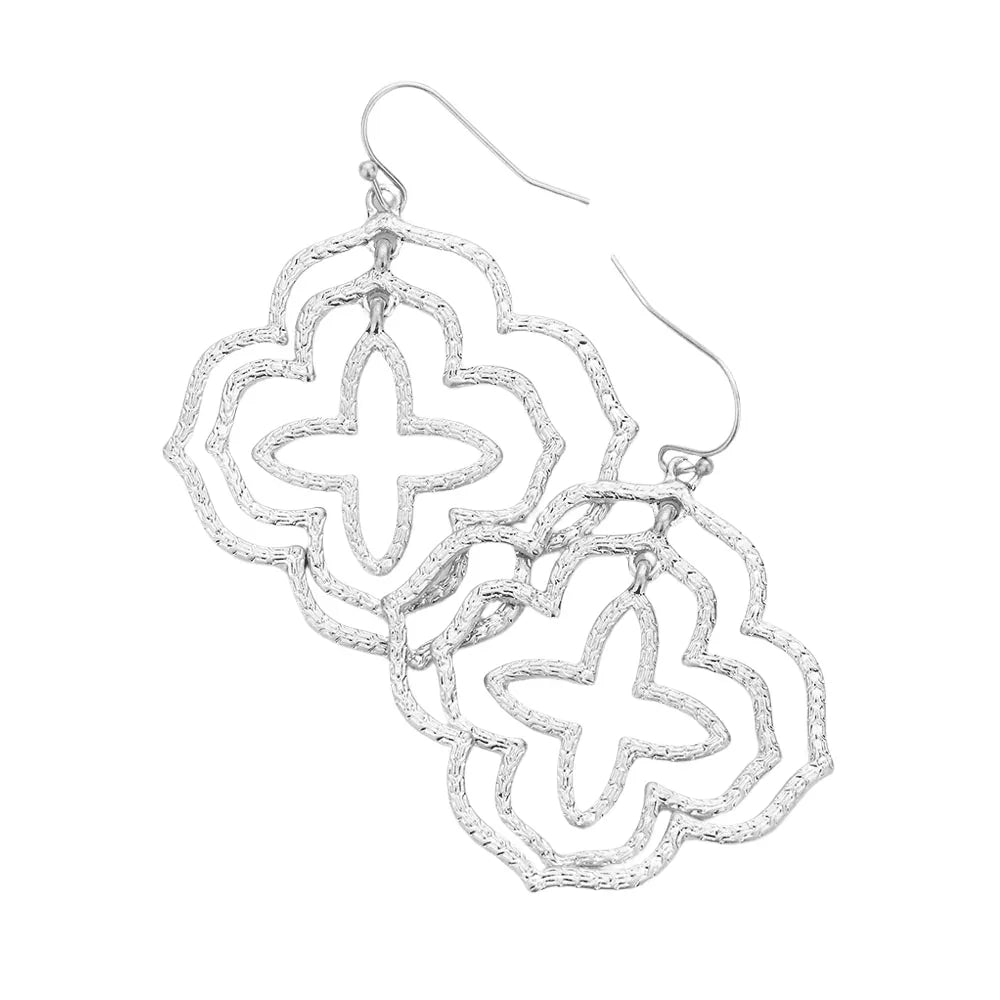 Silver Embossed Cut Out Metal Quatrefoil Dangle Earrings - Jewelry Store by Erik Rayo