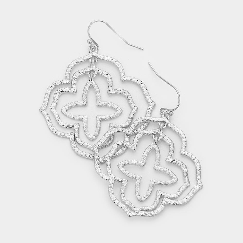 Silver Embossed Cut Out Metal Quatrefoil Dangle Earrings - Jewelry Store by Erik Rayo