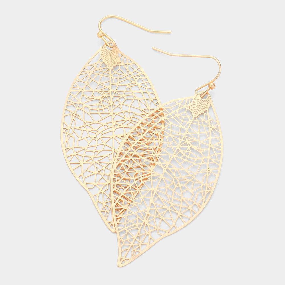 Gold Brass Metal Filigree Leaf Earrings