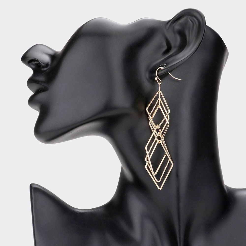 Gold Open Metal Rhombus Multi Layered Link Dangle Earrings