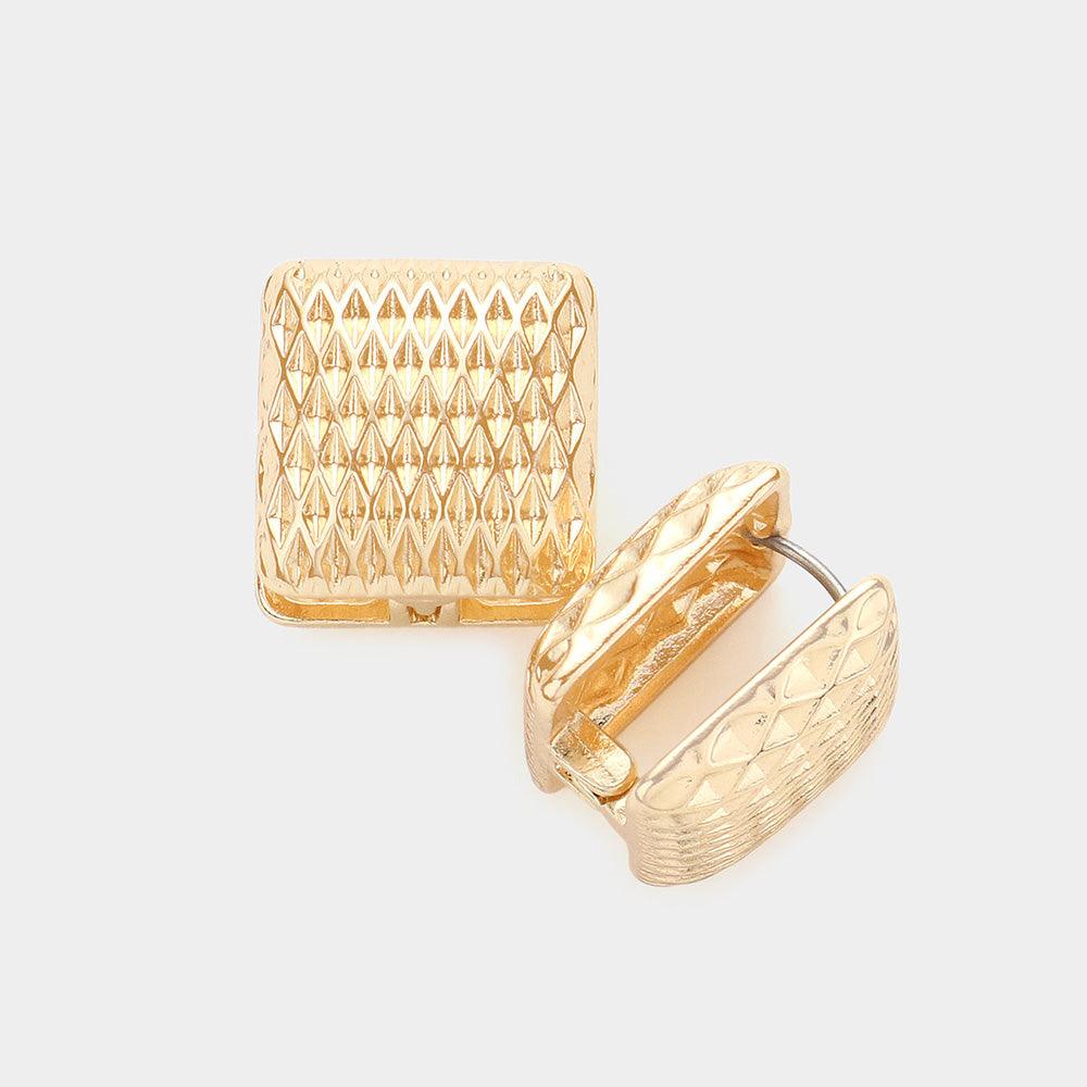 Gold Textured Square Metal Huggie Earrings