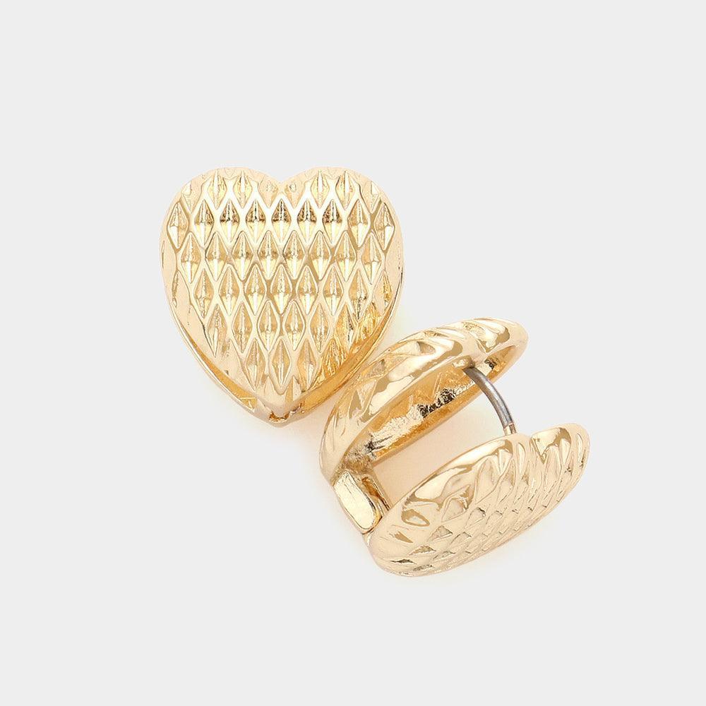 Gold Textured Heart Metal Huggie Earrings - Jewelry Store by Erik Rayo
