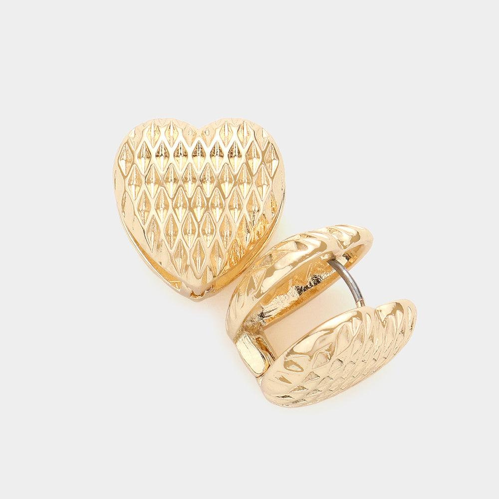 Gold Textured Heart Metal Huggie Earrings