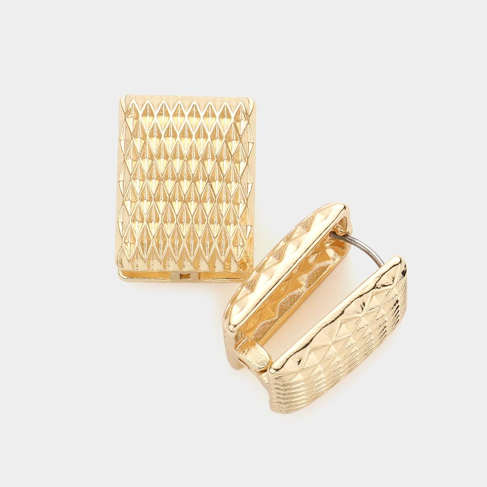 Gold Textured Rectangle Metal Huggie Earrings