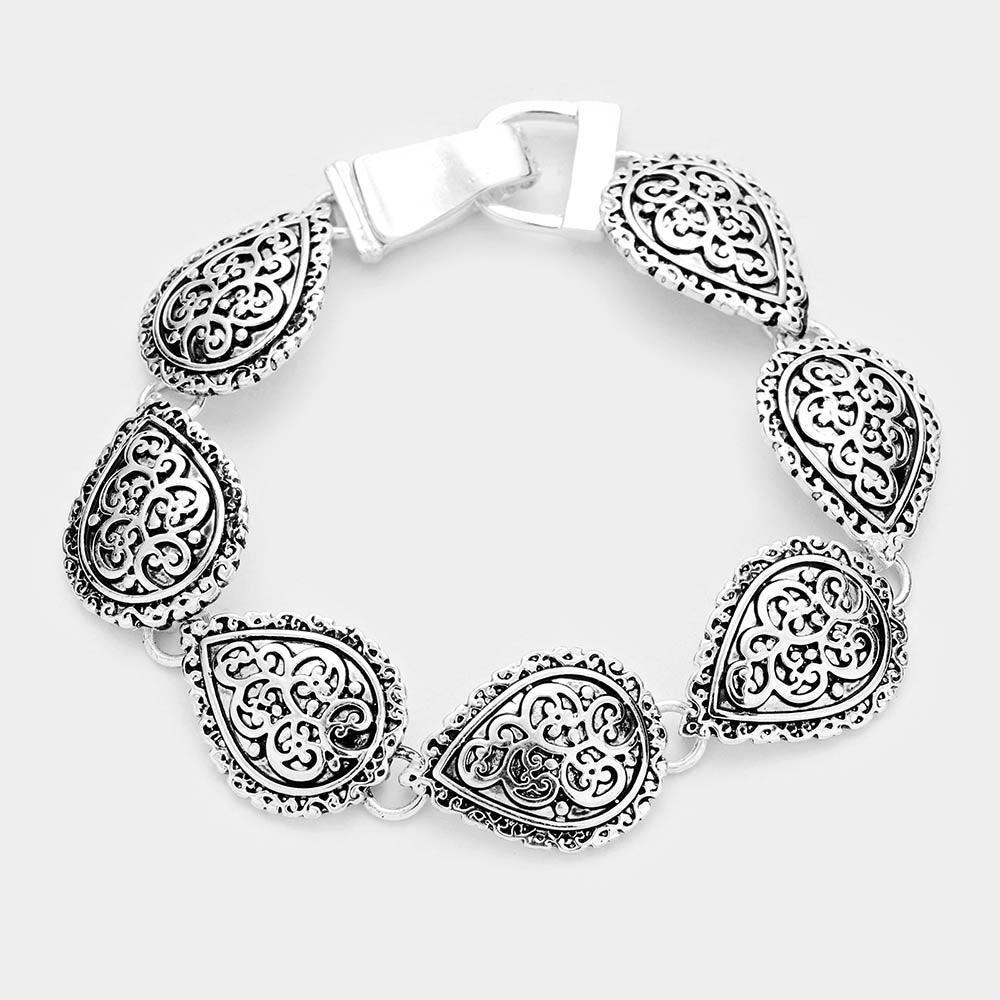 Silver Embossed Antique Metal Teardrop Magnetic Link Bracelet - Jewelry Store by Erik Rayo