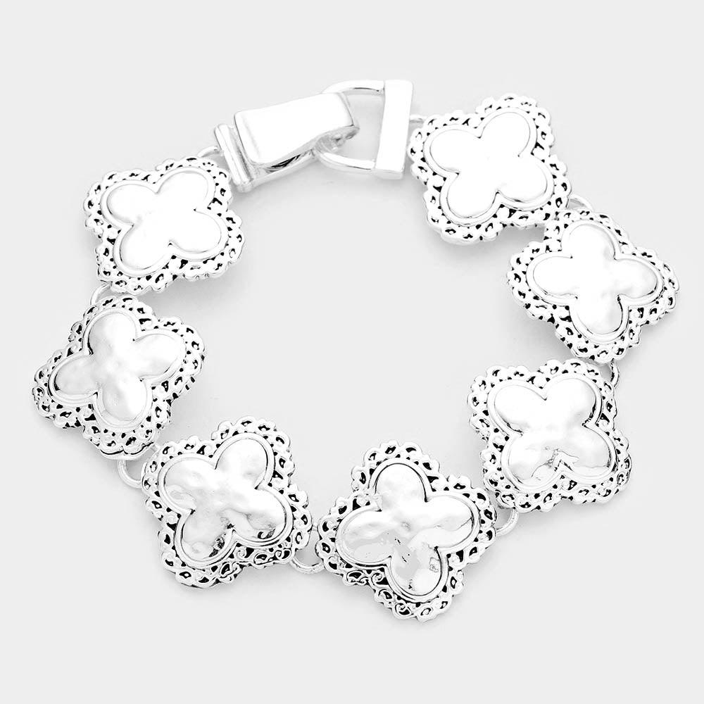 Silver Hammered Metal Clover Magnetic Link Bracelet