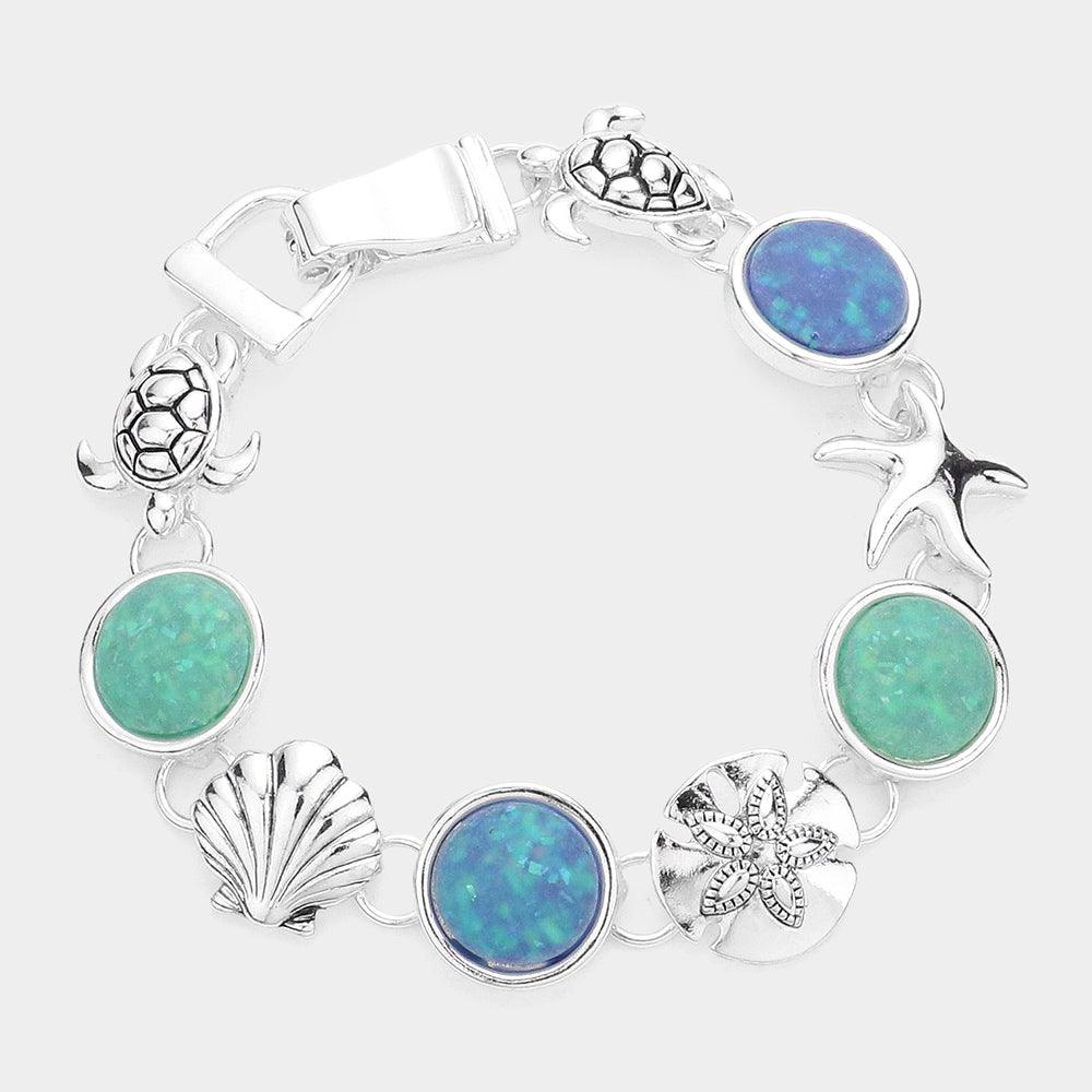 Sea Glass Embossed Metal Sea Life Magnetic Link Bracelet