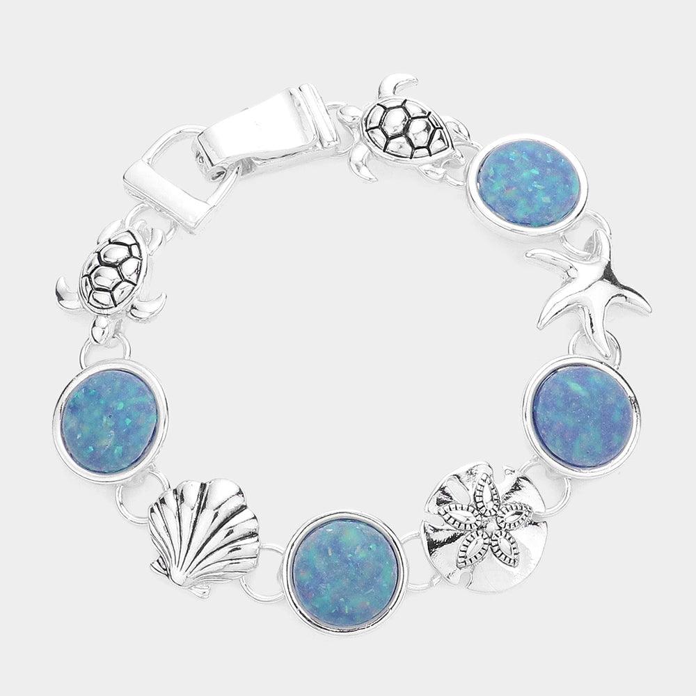 Silver Sea Glass Embossed Metal Sea Life Magnetic Link Bracelet