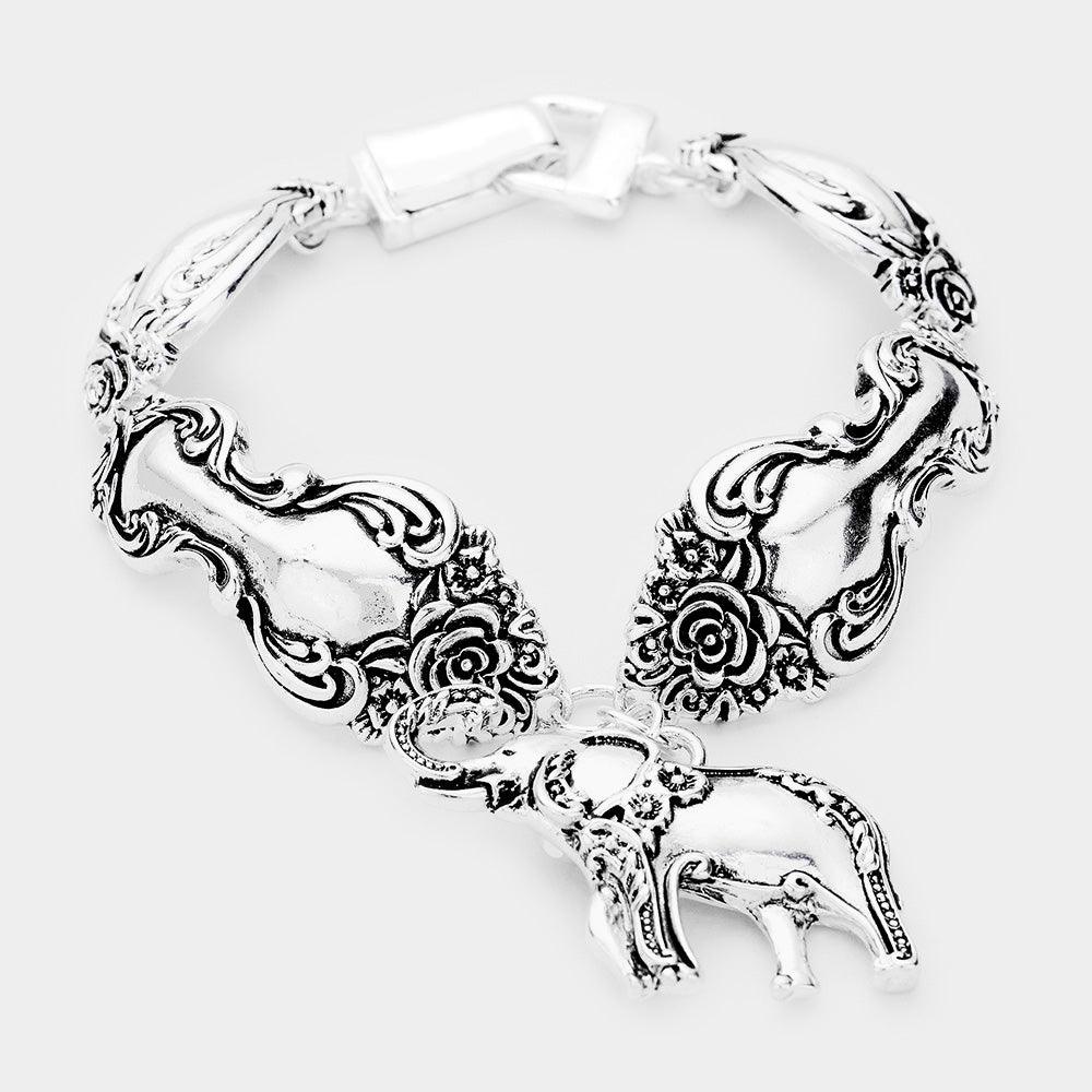 Silver Antique Metal Elephant Charm Magnetic Bracelet