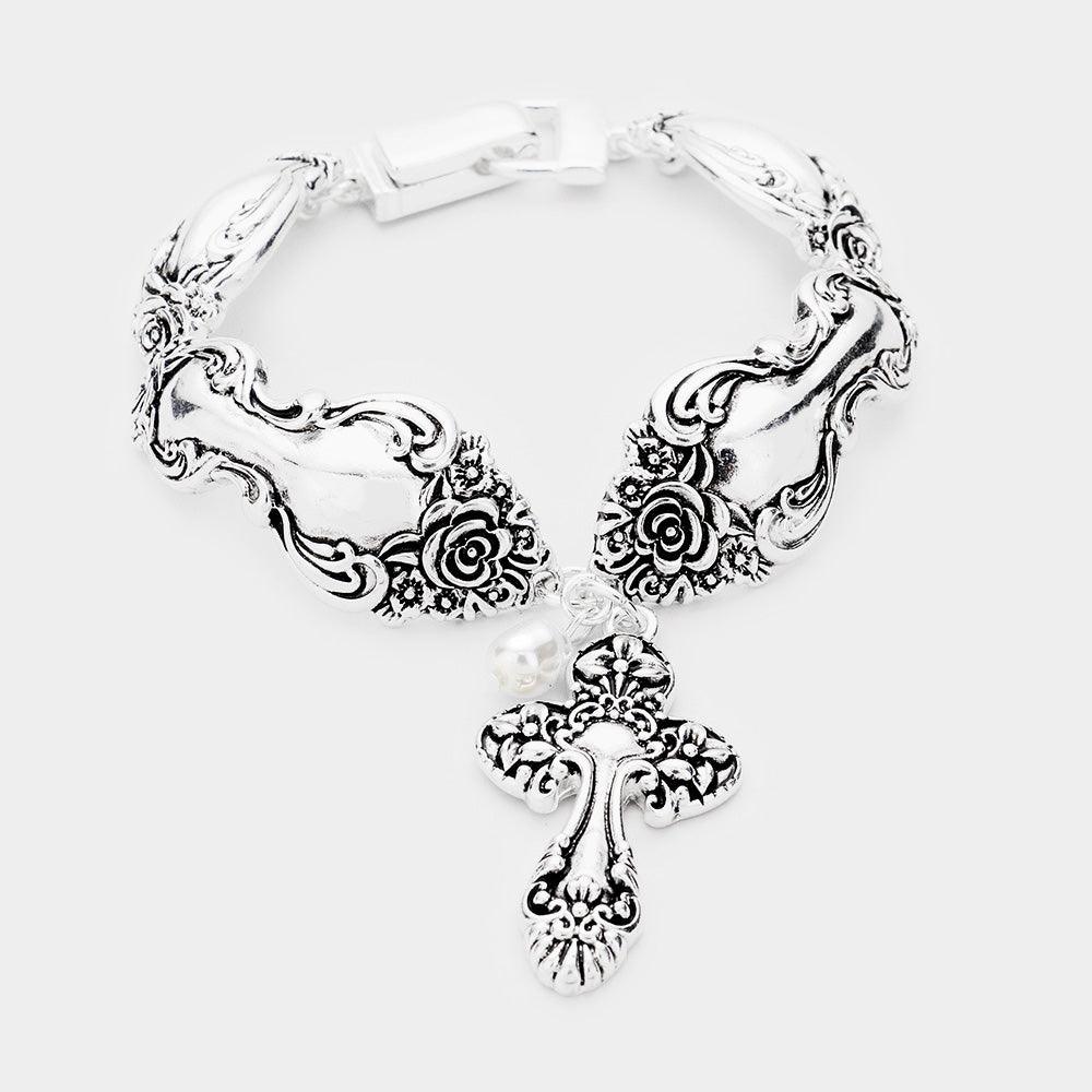 Silver 
Antique Metal Cross Charm Magnetic Bracelet