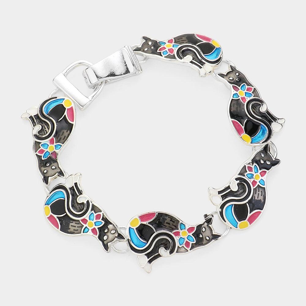 Silver Enamel Metal Cat Magnetic Bracelet