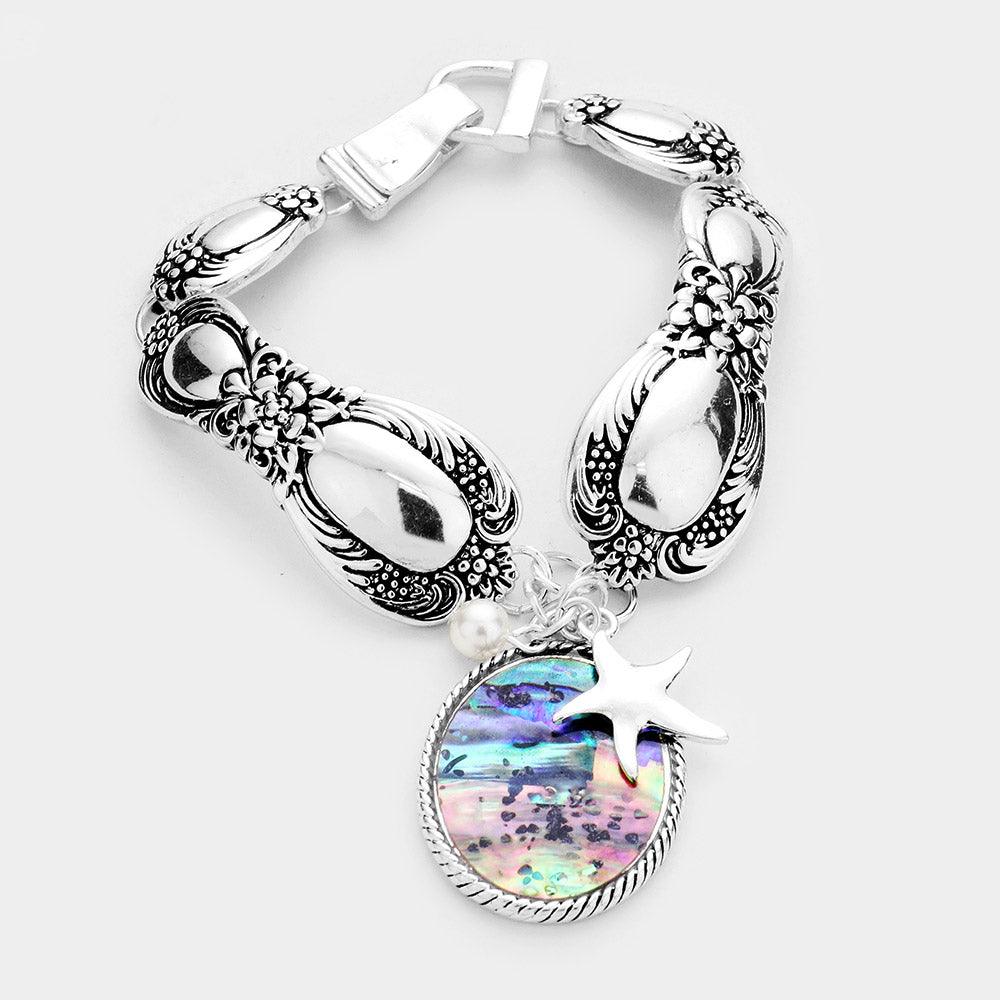 Abalone Starfish Pearl Charm Patterned Antique Silver Bracelet