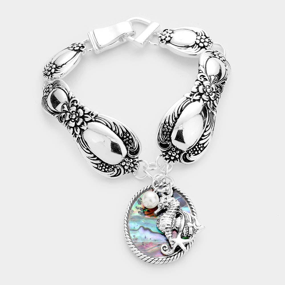 Abalone Seahorse Pearl Charm Patterned Antique Silver Bracelet - Jewelry Store by Erik Rayo