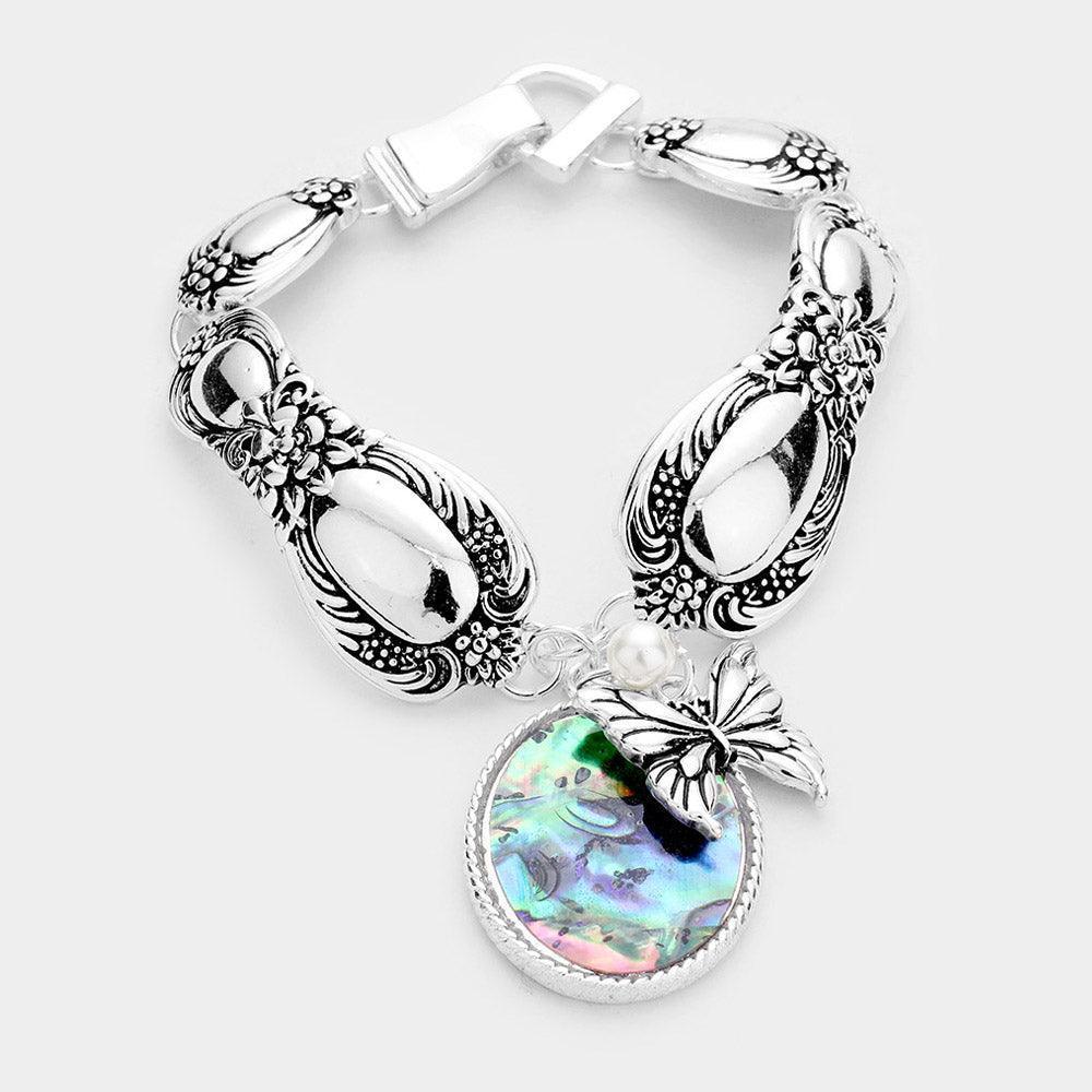 Abalone Butterfly Pearl Charm Patterned Antique Silver Bracelet - Jewelry Store by Erik Rayo