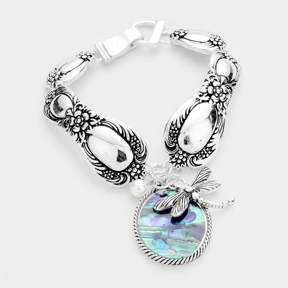 Abalone Dragonfly Pearl Charm Patterned Antique Silver Bracelet - Jewelry Store by Erik Rayo