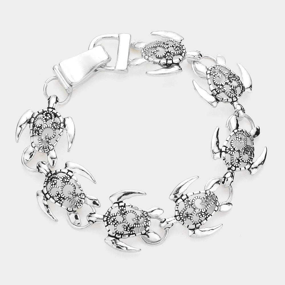 Silver Antique Metal Sea Turtle Link Magnetic Bracelet