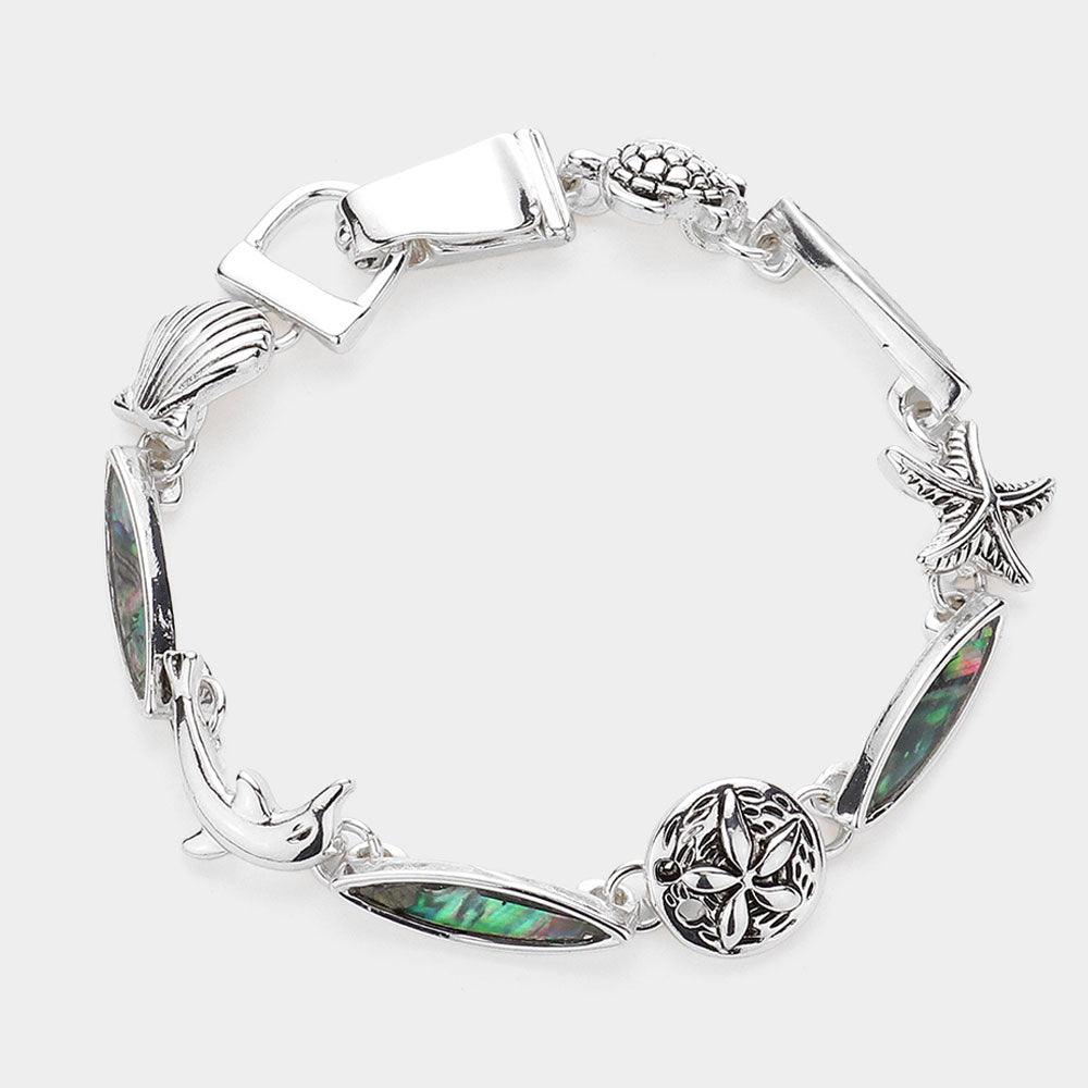 Silver Abalone Antique Turtle Starfish Sand Dollar Dolphin Shell Link Magnetic Bracelet