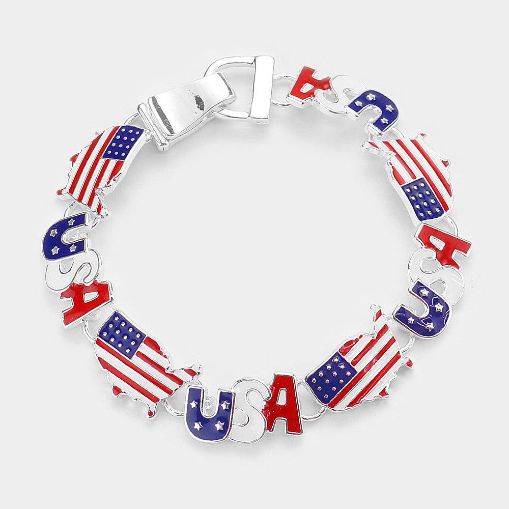 Silver American USA Flag State Map Link Magnetic Bracelet