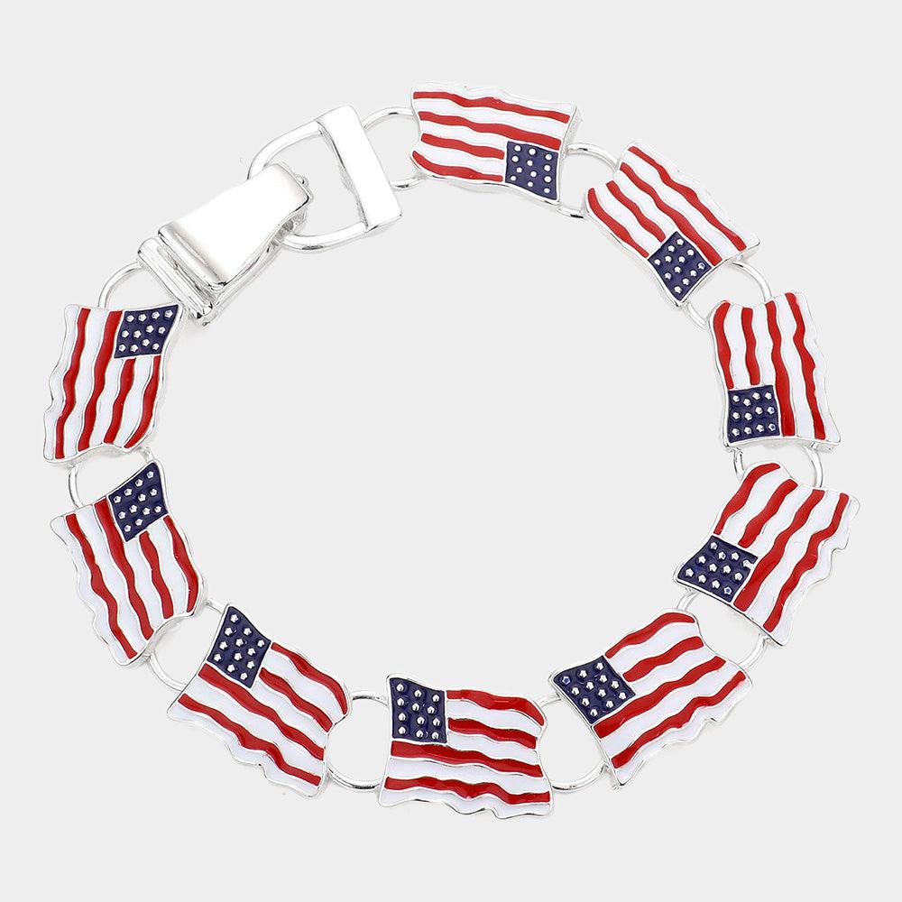 Silver American USA Flag Link Magnetic Bracelet