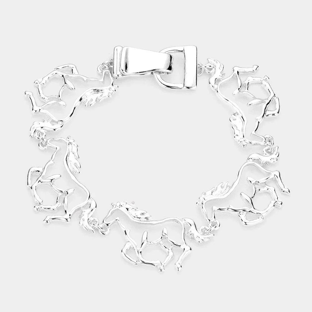 Silver Cut Out Metal Running Horse Link Magnetic Bracelet - Jewelry Store by Erik Rayo