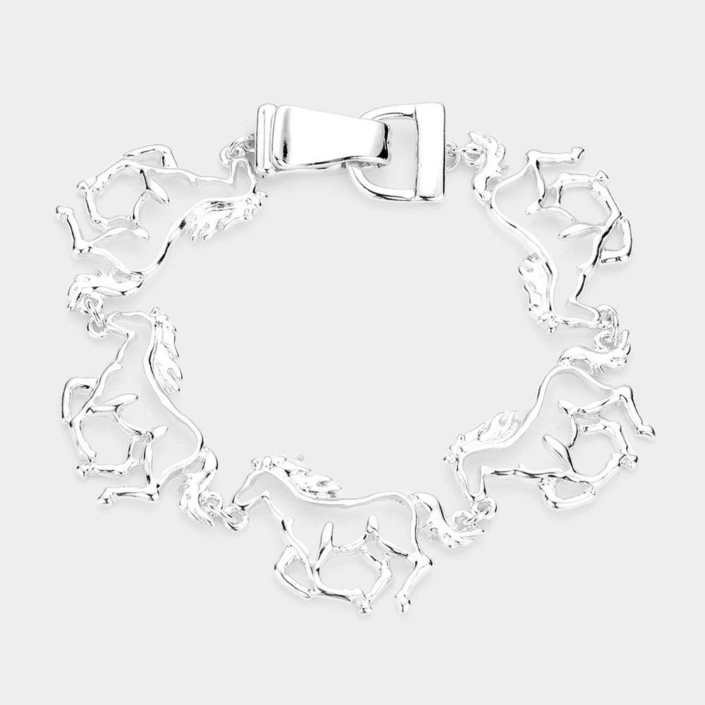 Silver Cut Out Metal Running Horse Link Magnetic Bracelet