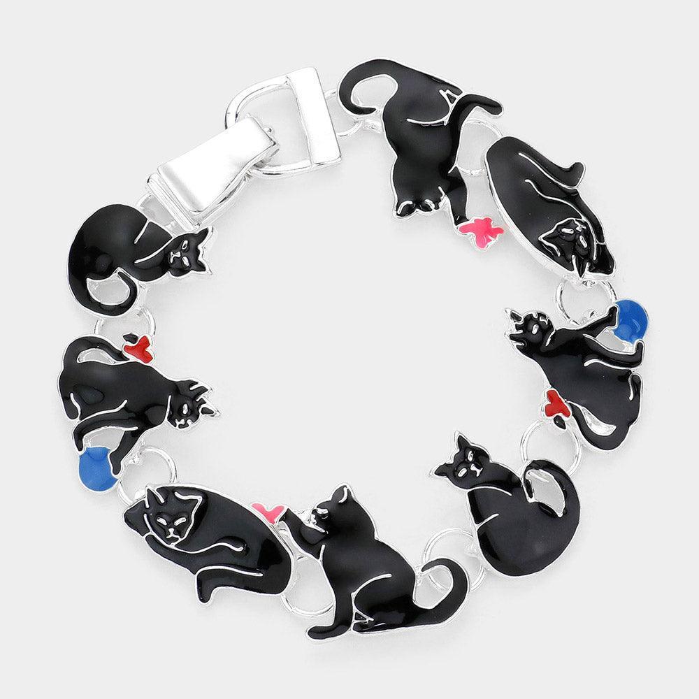 Black Enamel Metal Cat Link Magnetic Bracelet - Jewelry Store by Erik Rayo