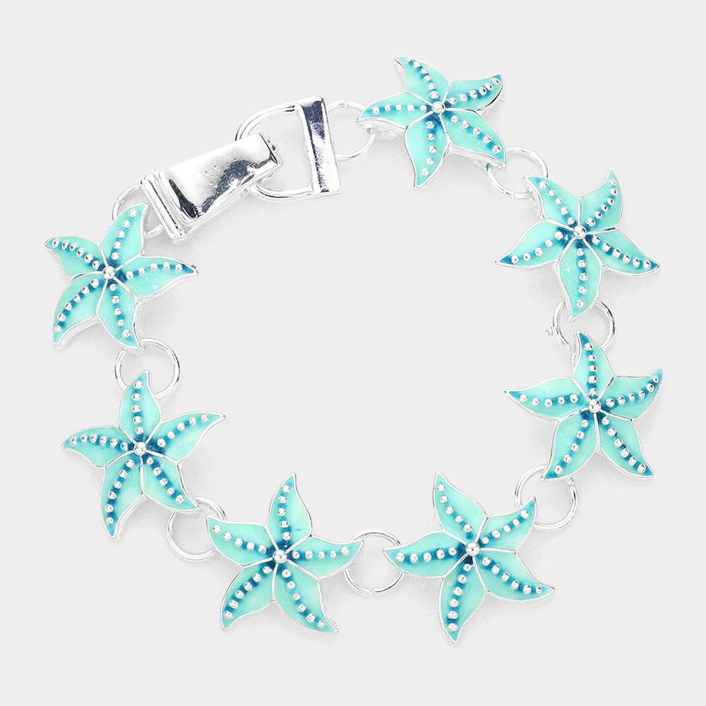 Silver Enamel Metal Starfish Link Magnetic Bracelet