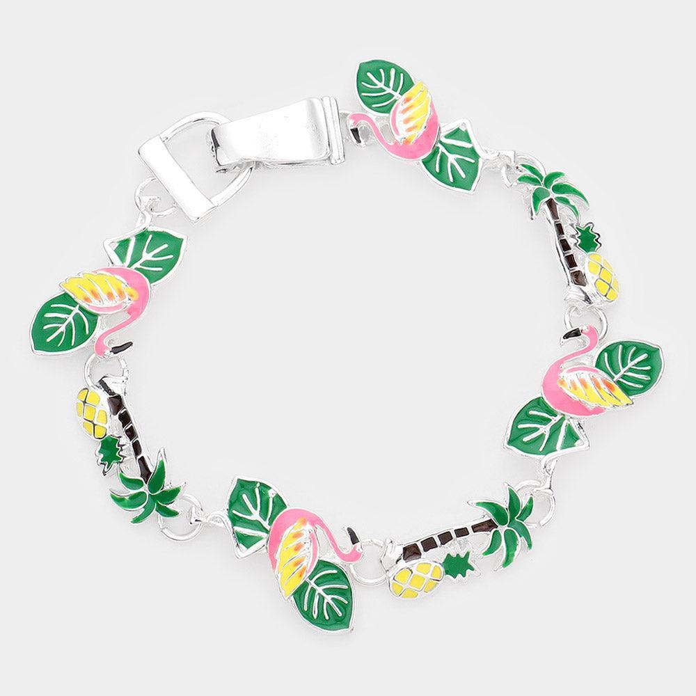 Enamel Flamingo Tropical Leaf Palm Tree Pineapple Link Magnetic Bracelet - Jewelry Store by Erik Rayo