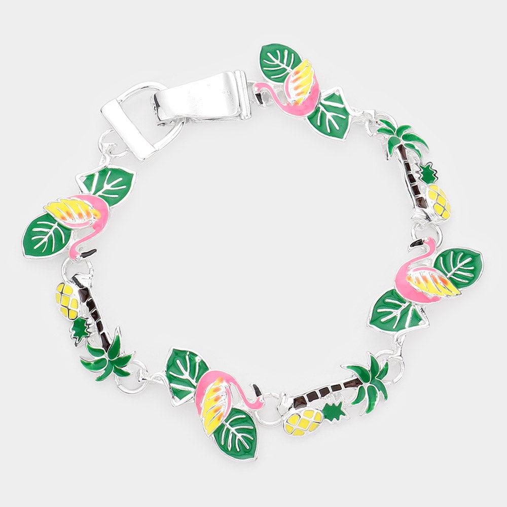 Enamel Flamingo Tropical Leaf Palm Tree Pineapple Link Magnetic Bracelet