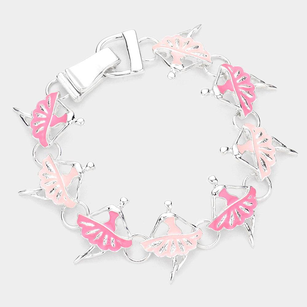 Pink Enamel Metal Ballerina Link Magnetic Bracelet