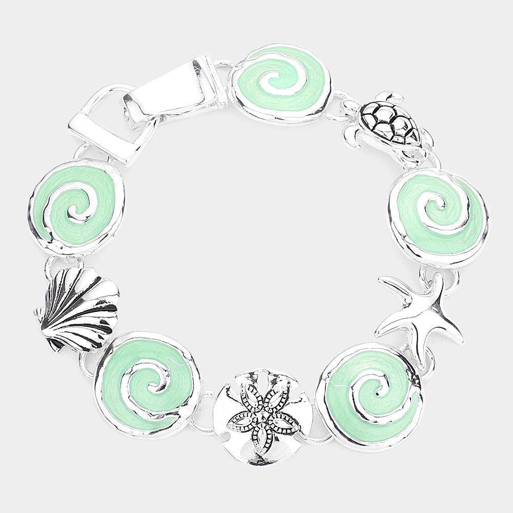 Silver Metal Shell Starfish Sand Dollar and Turtle link Magnetic Bracelet