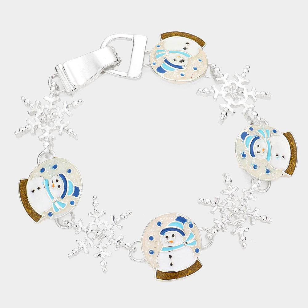 Silver Enamel Snowman Link Magnetic Bracelet