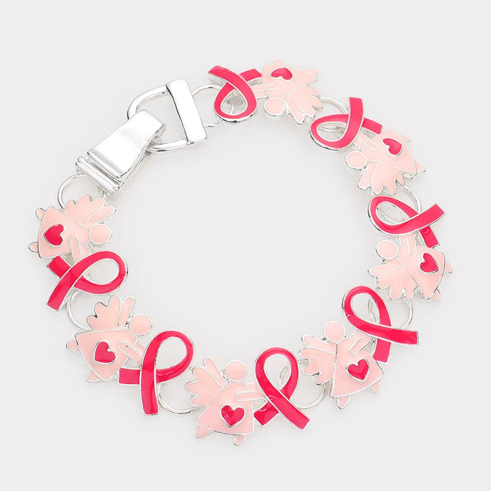 Pink Enamel Metal Angel Pink Ribbon Link Magnetic Bracelet