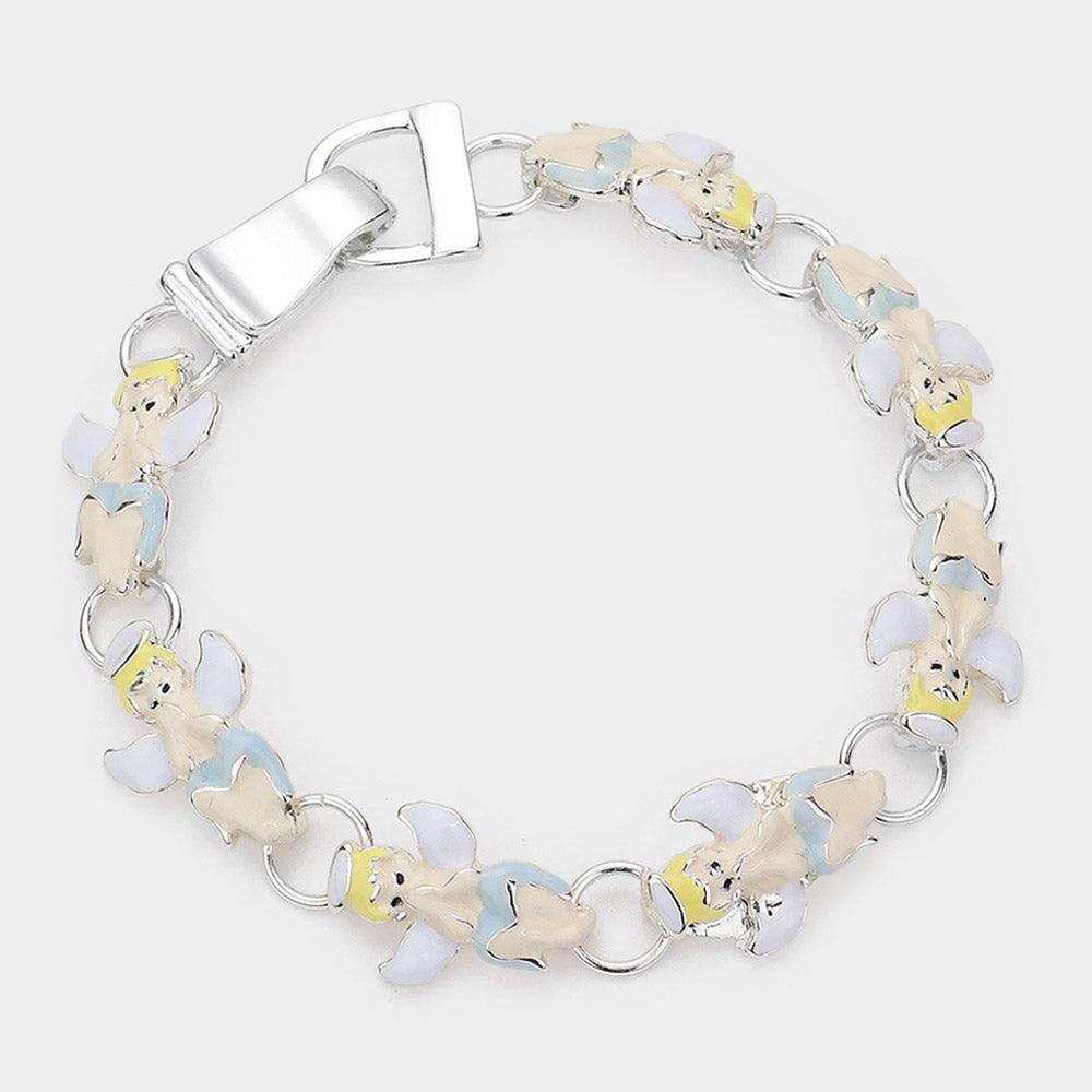 Silver Enamel Angel Link Magnetic Bracelet