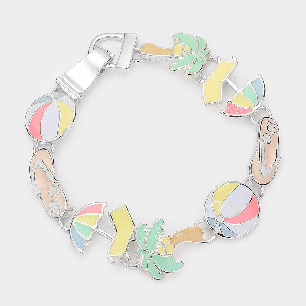 Silver Enamel Vacation Theme Palm Tree Flipflop Beachball Link Magnetic Bracelet