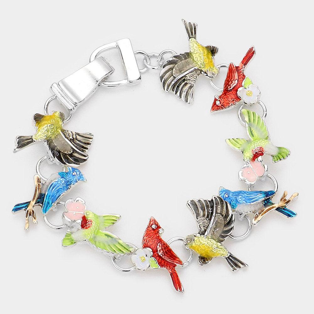 Silver Enamel Bird Link Magnetic Bracelet