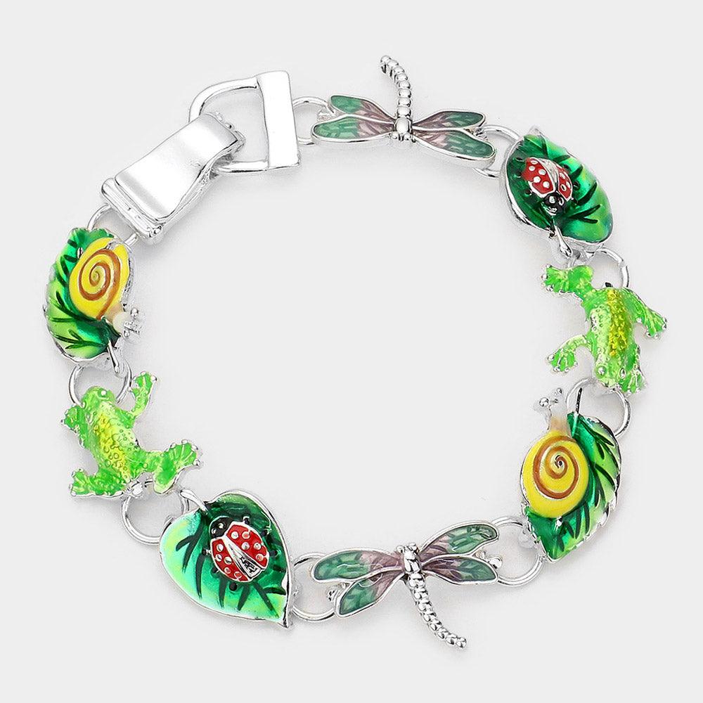 Silver Enamel Frog Dragonfly Snail Ladybug Leaf Link Magnetic Bracelet