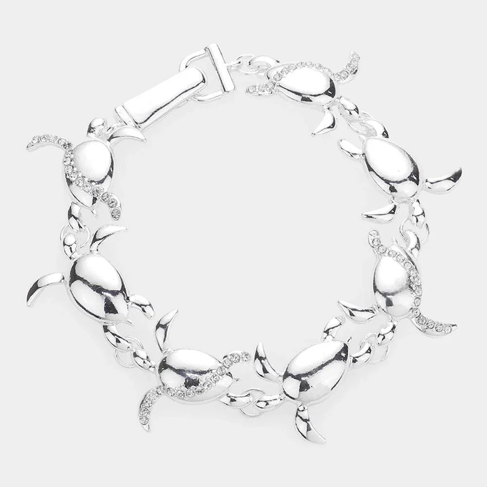 Silver Rhinestone Embellished Metal Turtle Link Magnetic Bracelet - Jewelry Store by Erik Rayo