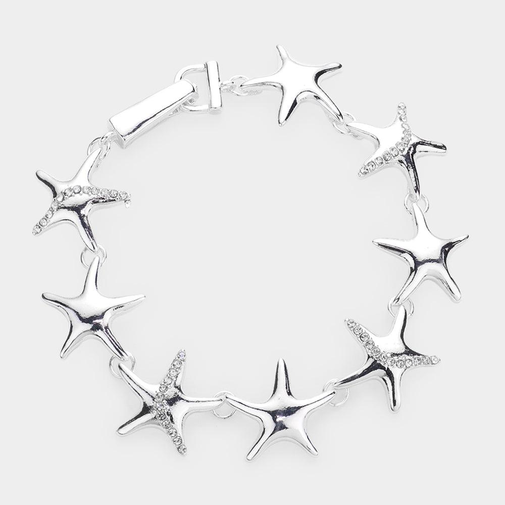 Silver Rhinestone Embellished Metal Starfish Link Magnetic Bracelet