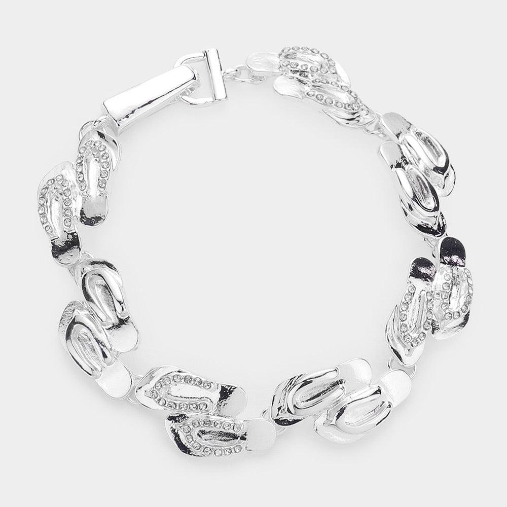 Silver Rhinestone Embellished Metal Flip Flop Link Magnetic Bracelet