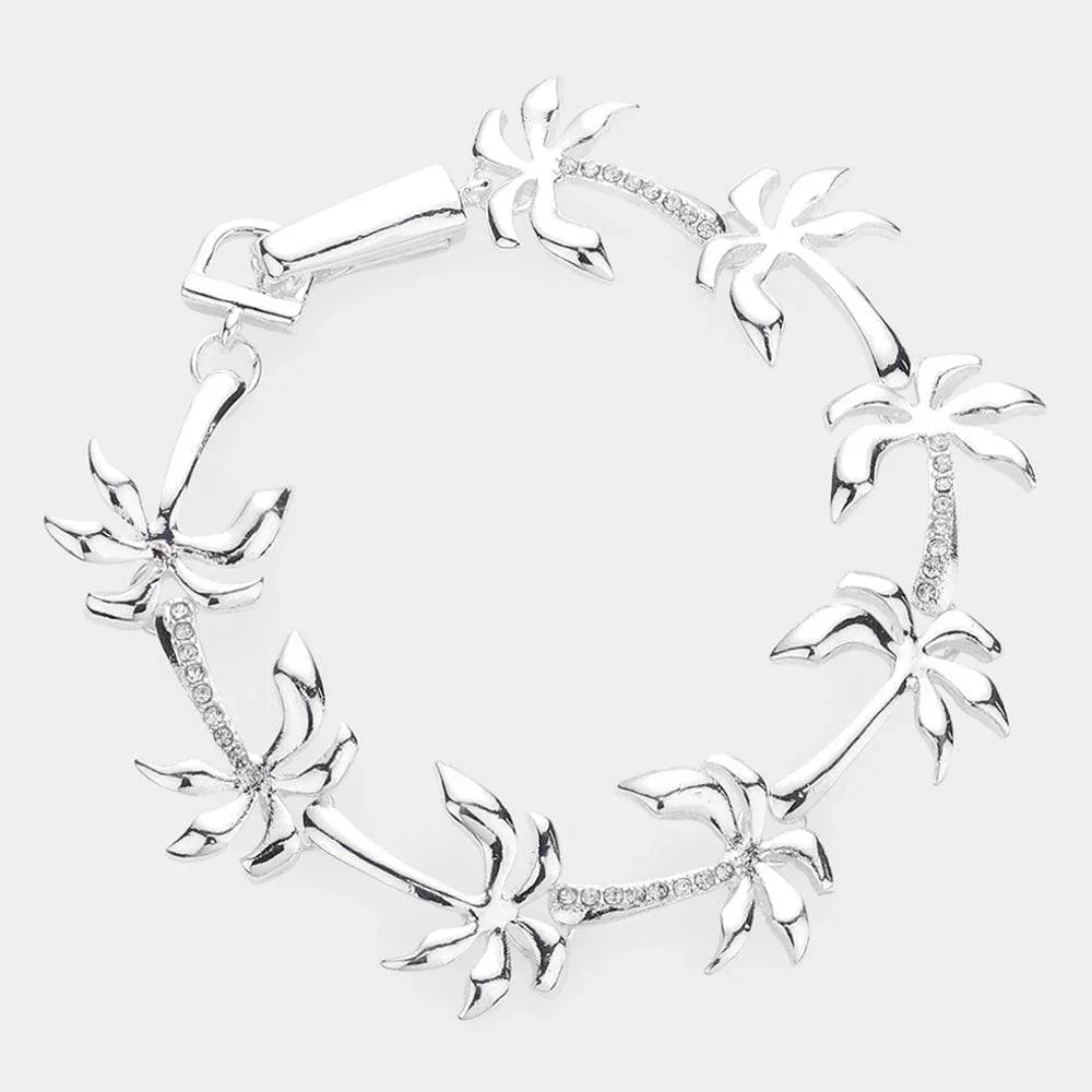 Silver Rhinestone Embellished Metal Palm Tree Link Magnetic Bracelet - Jewelry Store by Erik Rayo