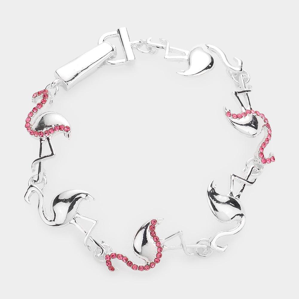 Pink Rhinestone Embellished Metal Flamingo Link Magnetic Bracelet