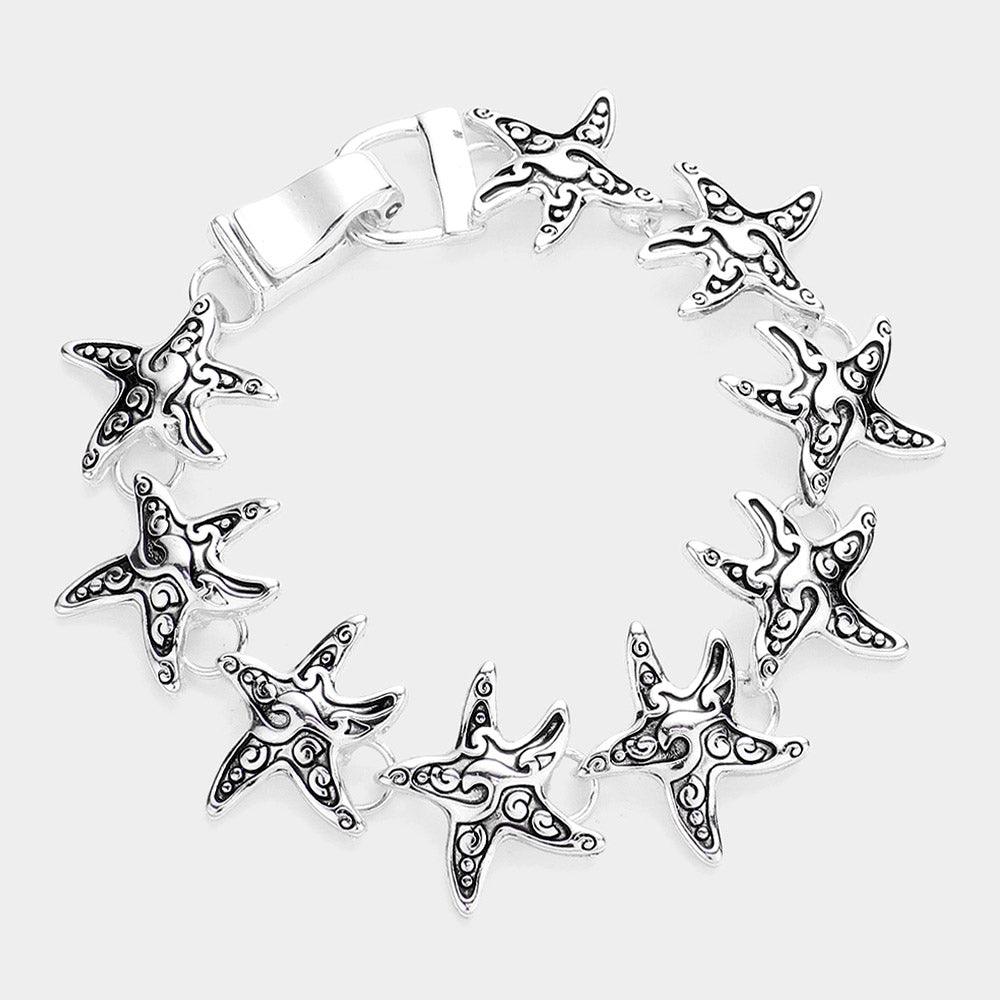 Silver Antique Metal Starfish Link Magnetic Bracelet